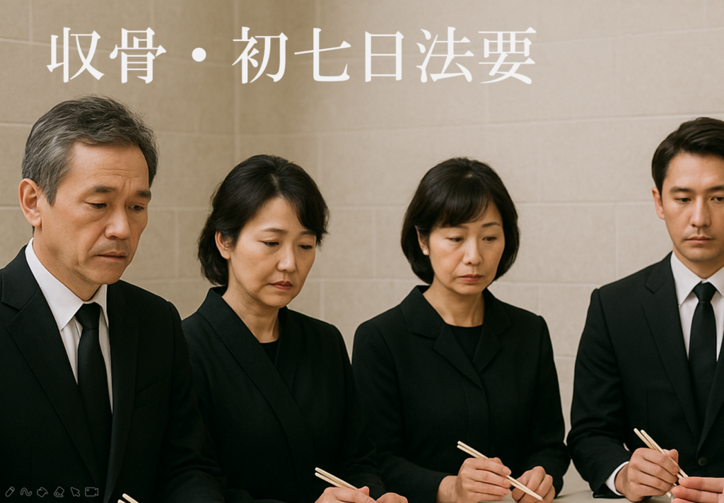 堺市で家族葬を行った後の収骨と初七日法要について、供養の流れや意味を説明する案内画像です。
