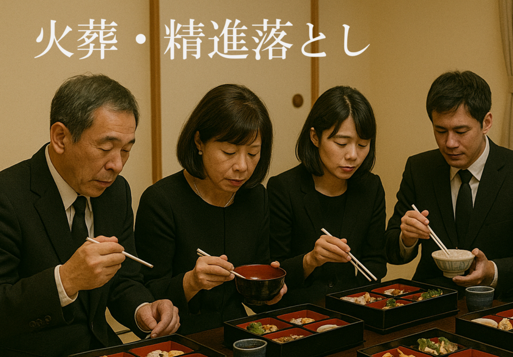 堺市で家族葬を行った後の火葬と精進落としの流れについて、順序や過ごし方を説明した案内画像です。