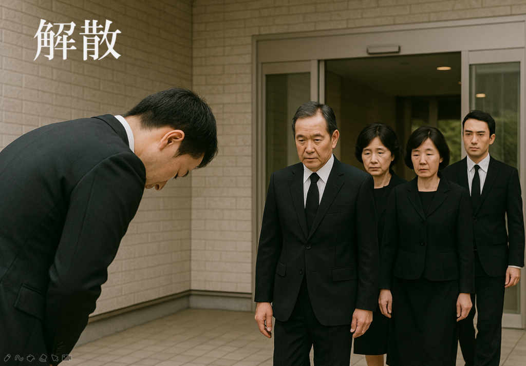 堺市で家族葬を行った後、火葬場で解散する際の流れや帰宅までの過ごし方を説明した案内画像です。