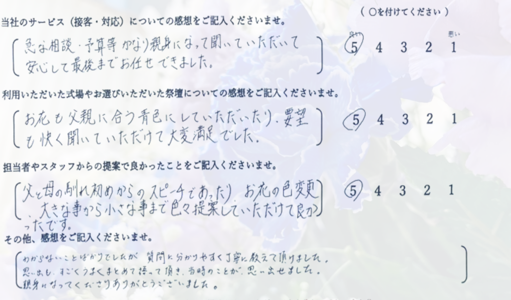堺市立斎場で家族葬を行ったご家族から寄せられた、実際の感想や体験談を紹介するお客様の声の画像です。