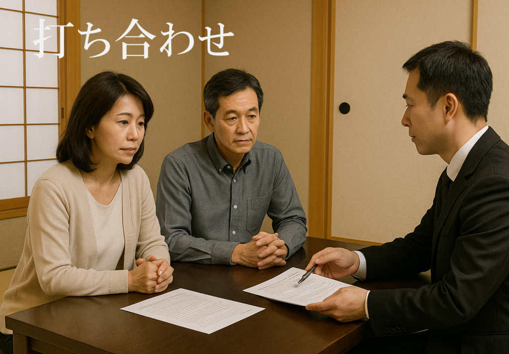 堺市で家族葬を行う際に必要となる打ち合わせの流れや確認事項をわかりやすく紹介する説明画像です。