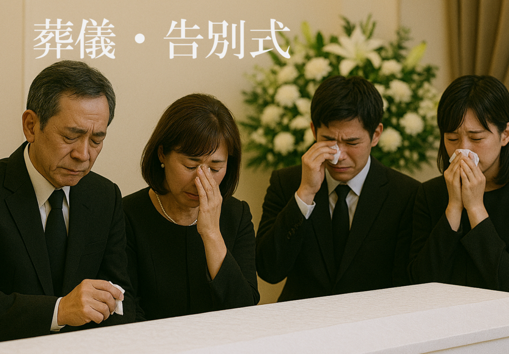 堺市で行われる家族葬の葬儀・告別式について、当日の進行や流れをわかりやすく説明した案内画像です。