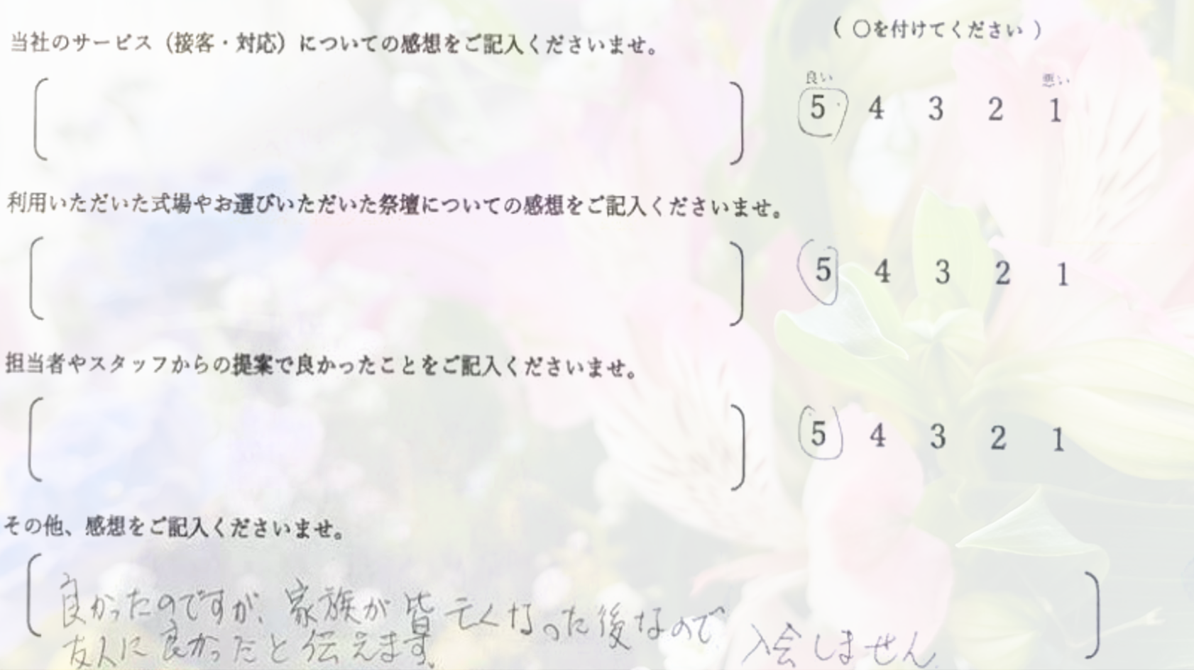 堺市立斎場第一式場で家族葬を行ったご家族から寄せられた、式の進行や対応に関する感想を紹介するお客様の声の画像です。