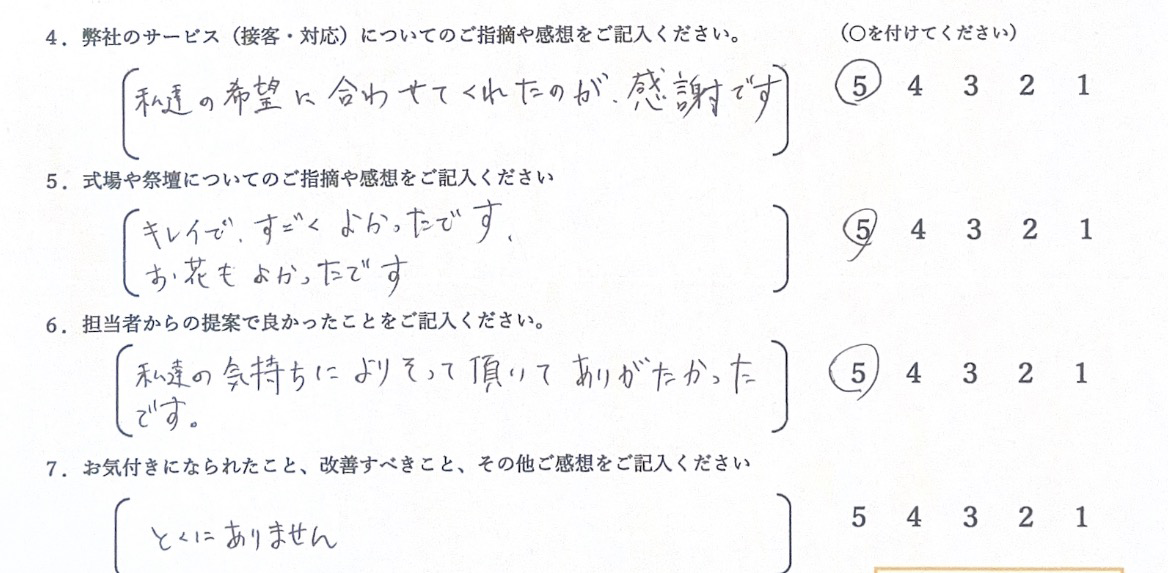 堺市立斎場にて家族葬を執り行い、落ち着いた雰囲気の中で故人を見送るご家族の様子がわかるアンケート