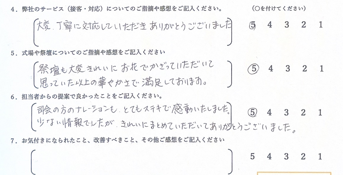 堺市立斎場にて家族葬を執り行い、落ち着いた雰囲気の中で故人を見送るご家族の様子がわかるアンケート