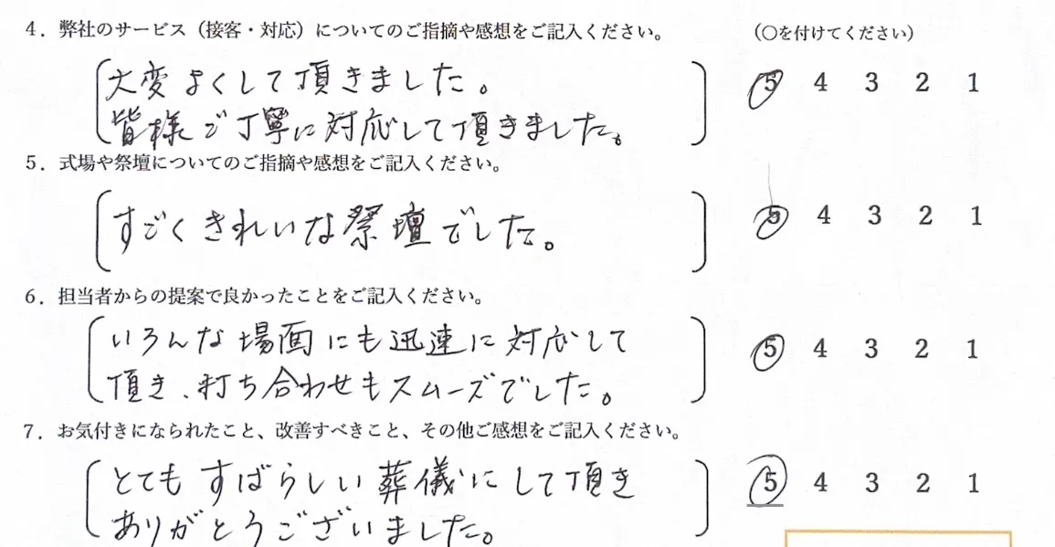 堺市立斎場で家族葬を執り行われたお客様からののアンケート画像。迅速丁寧な対応が高評価を得た葬儀の声。