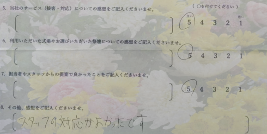 堺市で直葬を行った武山家様のアンケート画像。接客対応や式場利用に満足との評価が記載されている。
