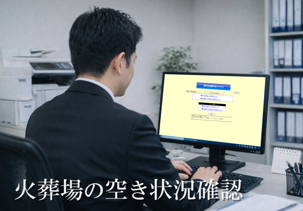 堺市立斎場の火葬予約の空き状況を確認する葬儀準備の様子