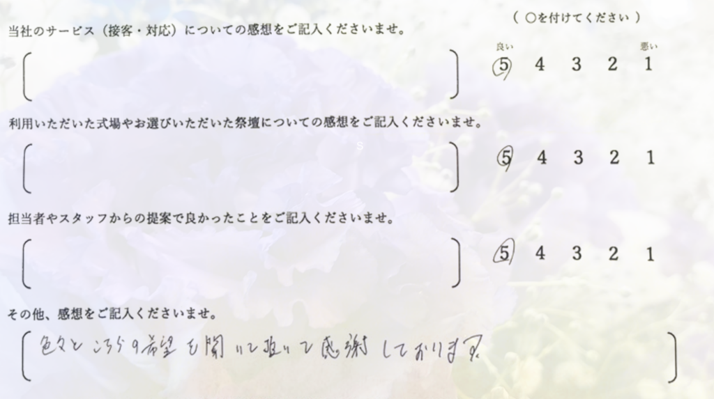 堺市立斎場第二式場で家族葬を行ったご家族から寄せられた、式の進行や対応に関する感想を紹介する画像です。