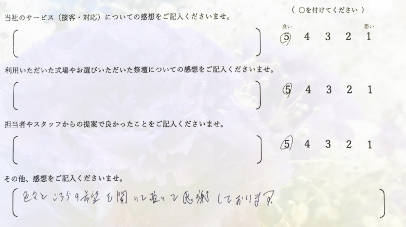 堺市立斎場第二式場で家族葬を行ったご家族から寄せられた、式の進行や対応に関する感想を紹介する画像です。