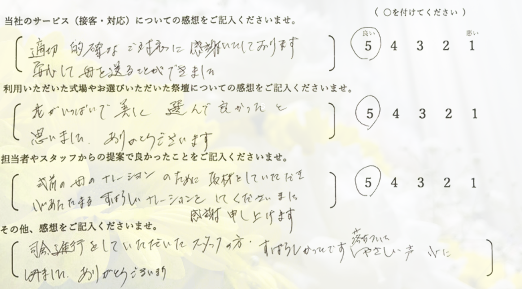 堺市立斎場第三式場で家族葬を行ったご家族から寄せられた、式の進行や対応に関する感想を紹介する画像です。
