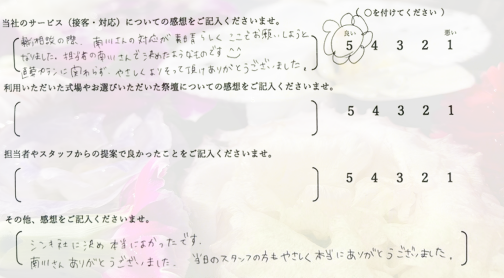 直葬にて行われた堺市堺区のご家族が心静かに記入した葬儀後のアンケート