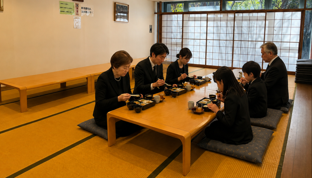 堺市で家族葬後の精進落としとしてご家族がお食事をされている様子