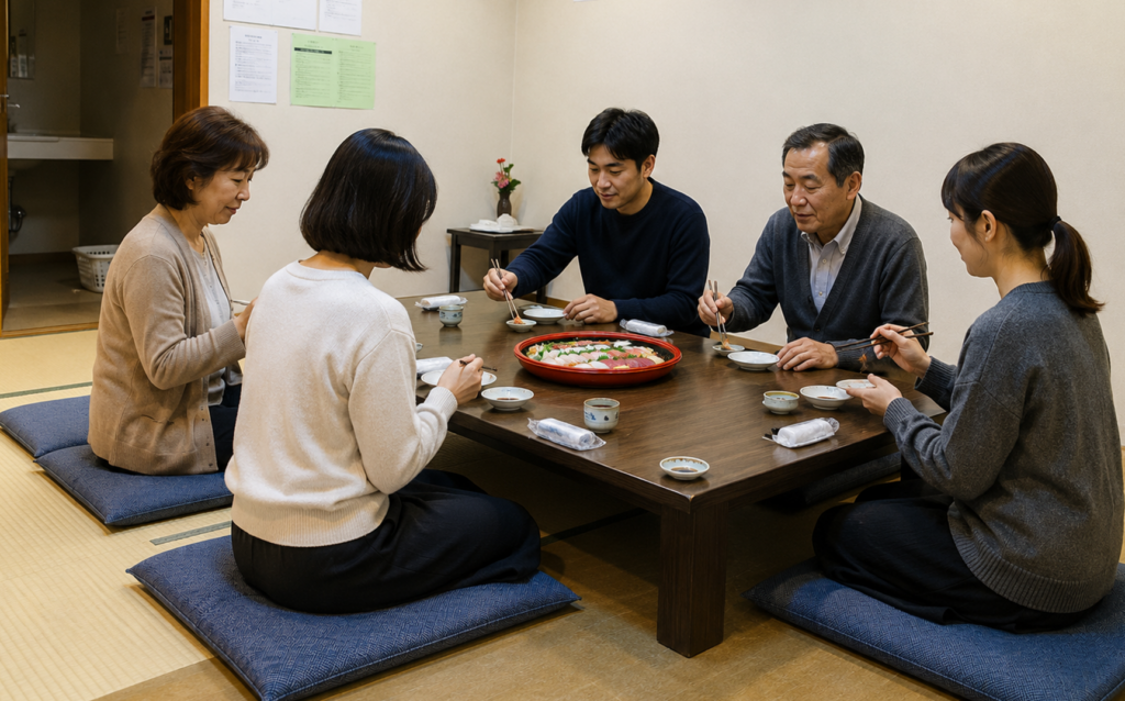 堺市で家族葬の通夜振る舞いとして食事を囲んでいる様子のイメージ