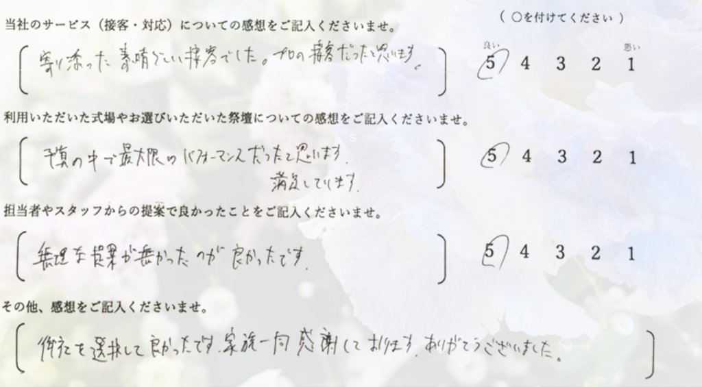 堺市立斎場第一式場で一日葬を行ったご家族から寄せられた、式の進行や対応に関する感想を紹介する画像です。