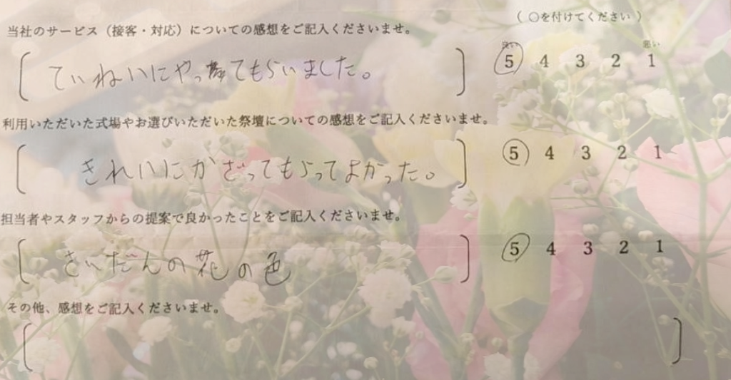 堺市立斎場で執り行った家族葬後にご記入いただいたアンケート。スタッフ対応や花祭壇への感想が記されています。