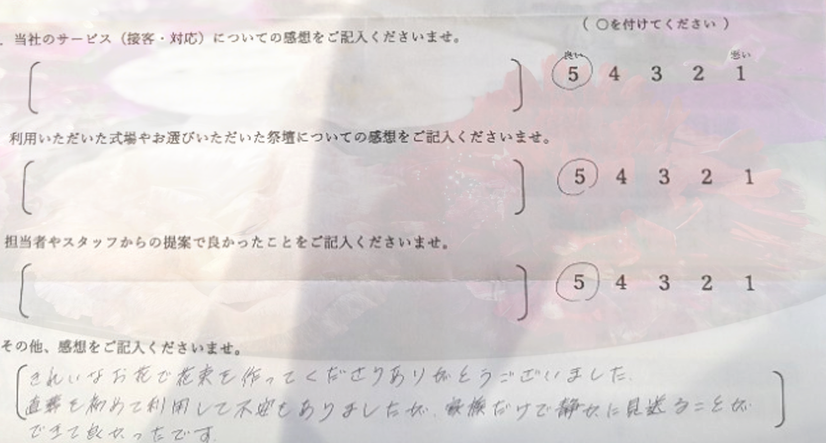 直葬にて行われた堺市北区のご家族が心静かに記入した葬儀後のアンケート